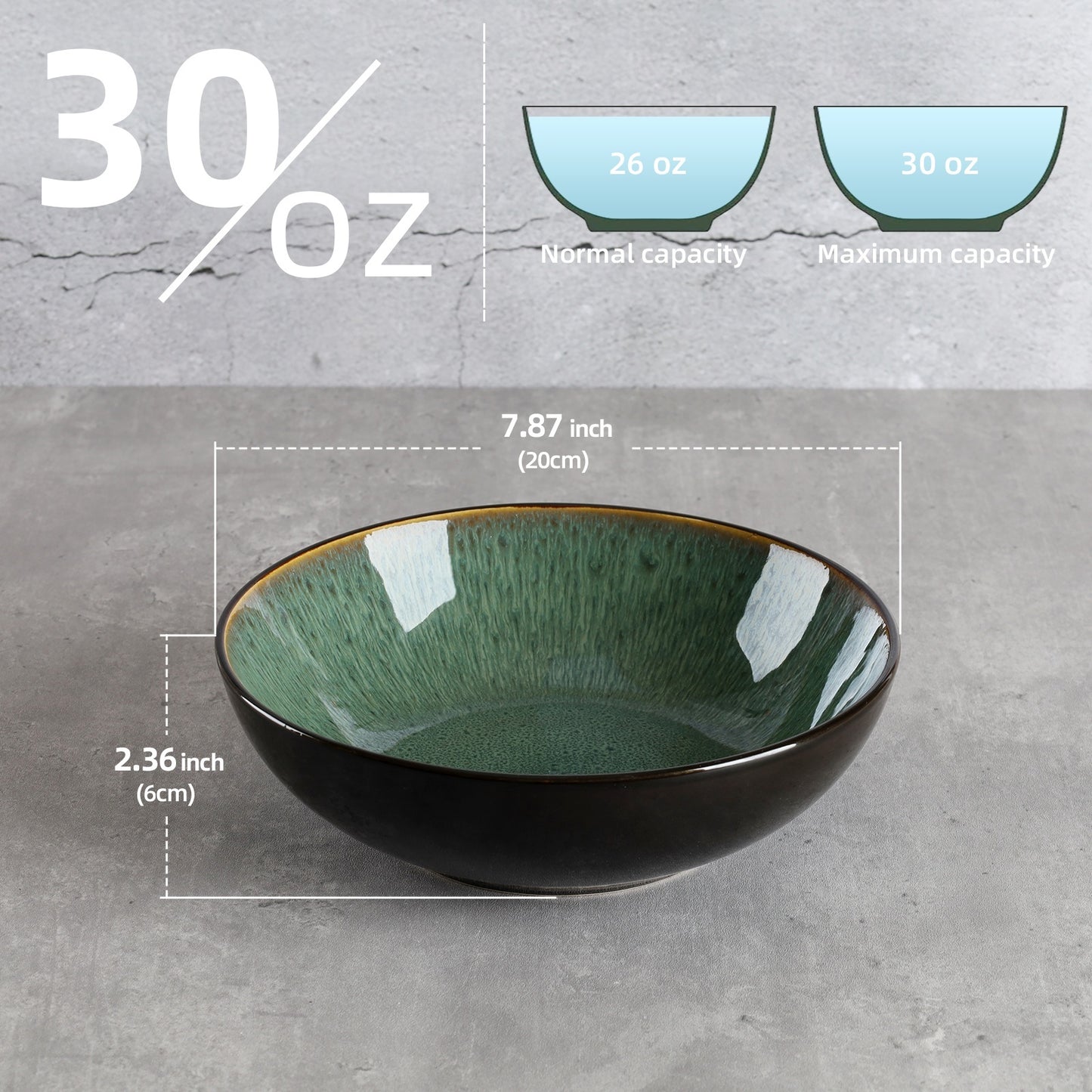 Creative Western Kiln Change Peacock Green Bowl 30oz Bowl Set Of 4 For Cereal, Salad, Pasta, Soup, Dessert, Serving Dishwasher, Microwave And Oven