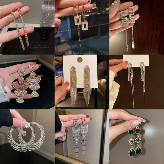 European and American popular diamond-encrusted metal long tassel earrings for women, high-end earrings with niche temperament