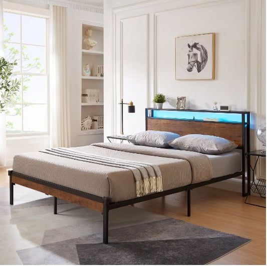 Full Size Metal Platform Bed Frame With Wooden Headboard And Footboard With USB LINER