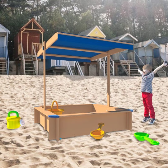 Children's Wooden Sandbox With Adjustable Canopy, Sandpit With Covers Kids Wood Playset Outdoor Backyard - Upgrade Retractable