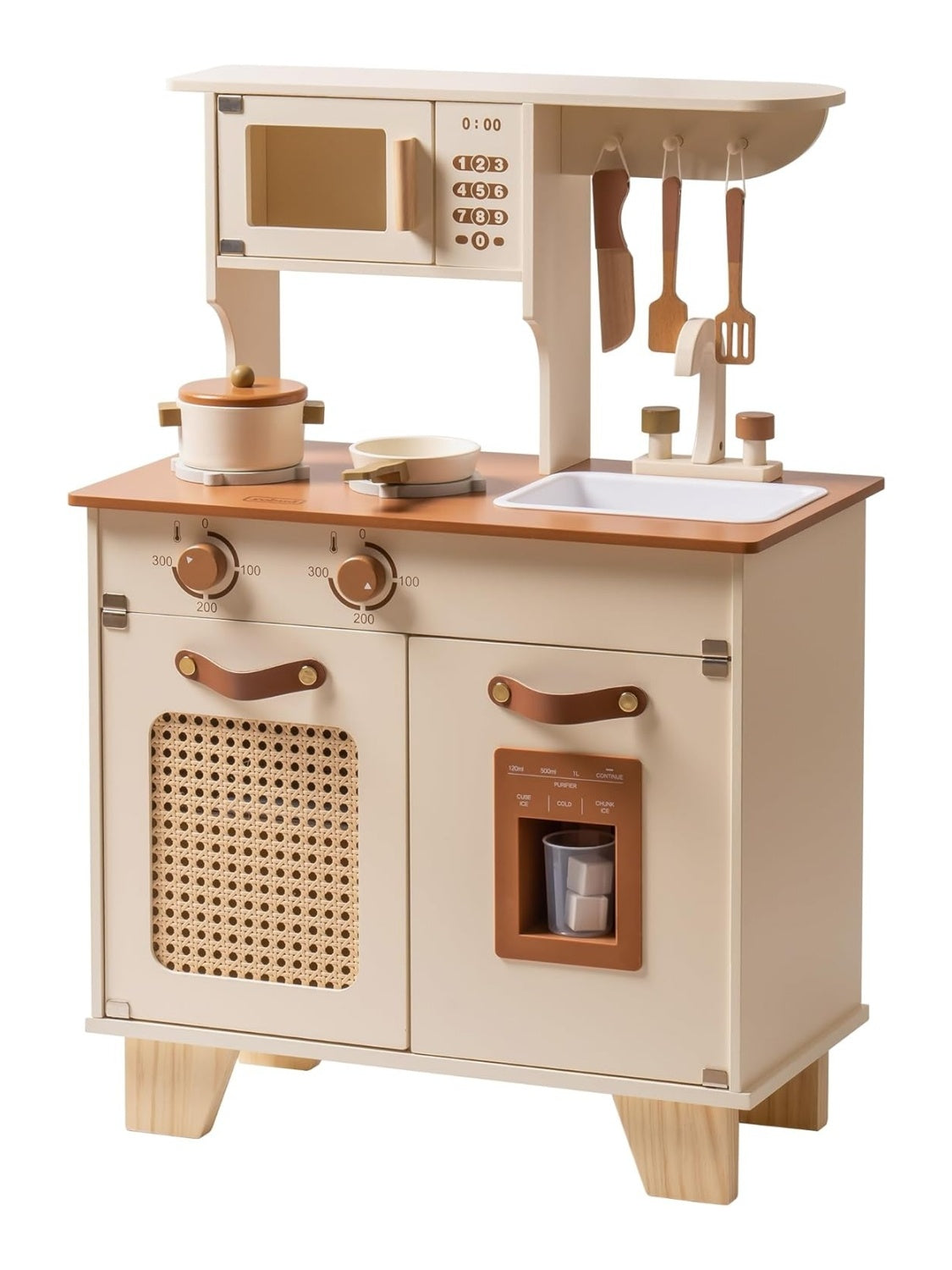 ROBOTIME Wooden Play Kitchen With Pretend Ice Cube Dispenser For Toddler Age 3