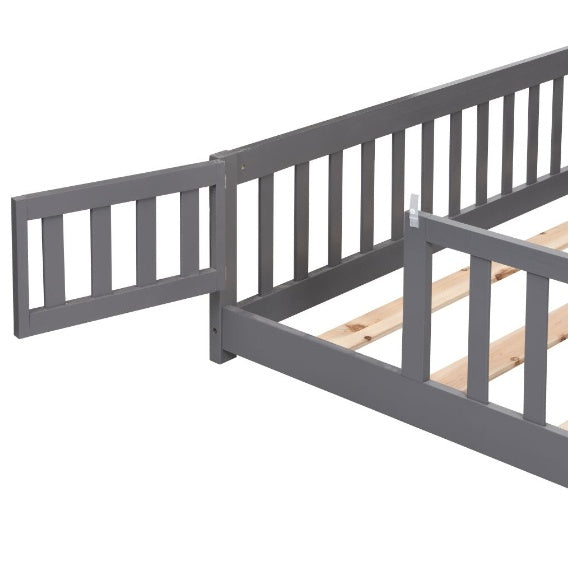 Full Size Floor Bed With Door,Solid Wood Platform Bed Frame With Fence,Suitable For Children,Pine Wood