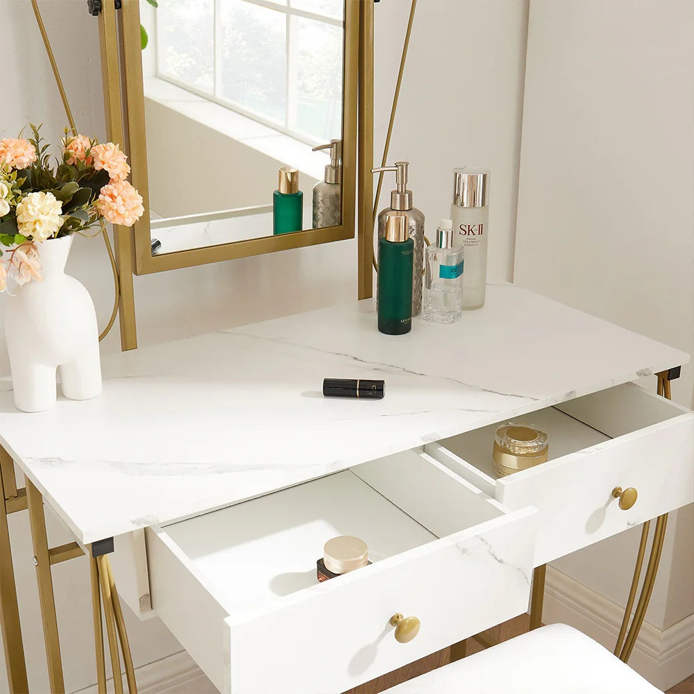 Vanity Table Set With Mirror Stool,White Makeup Dressing Desk With Drawers For Girls,Women,Bedroom,Gift