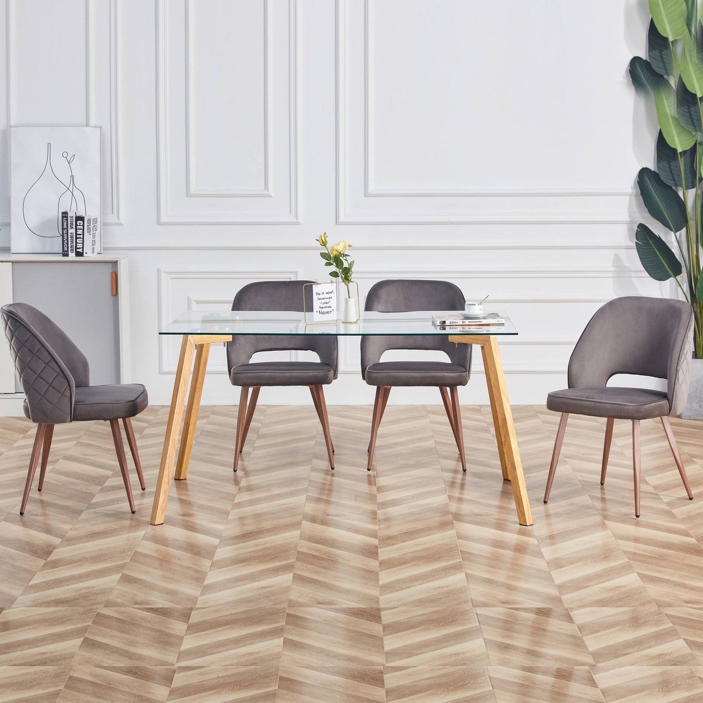 Modern Minimalist Rectangular Tempered Glass Dining Table with Brown Metal Legs_1