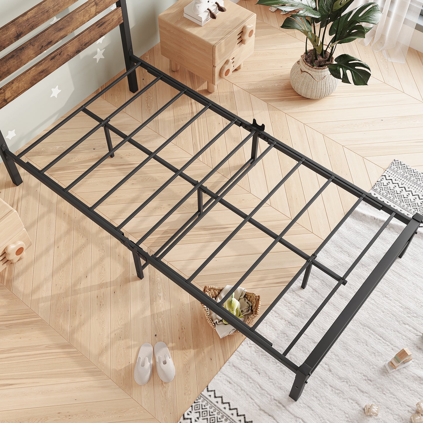 Twin-Sized Platform Bedframe with Slats and Rustic Wooden Head Board_4