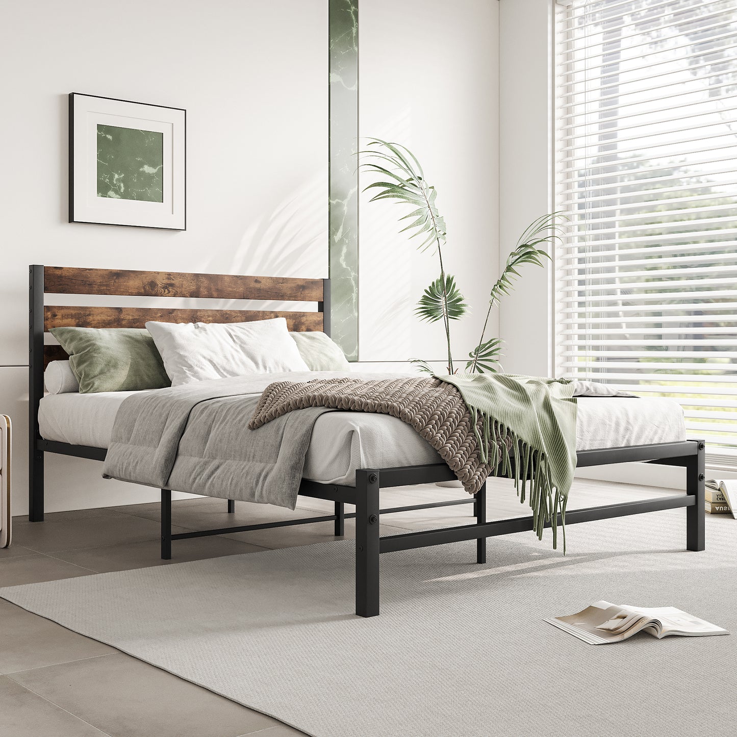 Full-Sized Platform Bedframe with Slats and Rustic Wooden Head Board_0