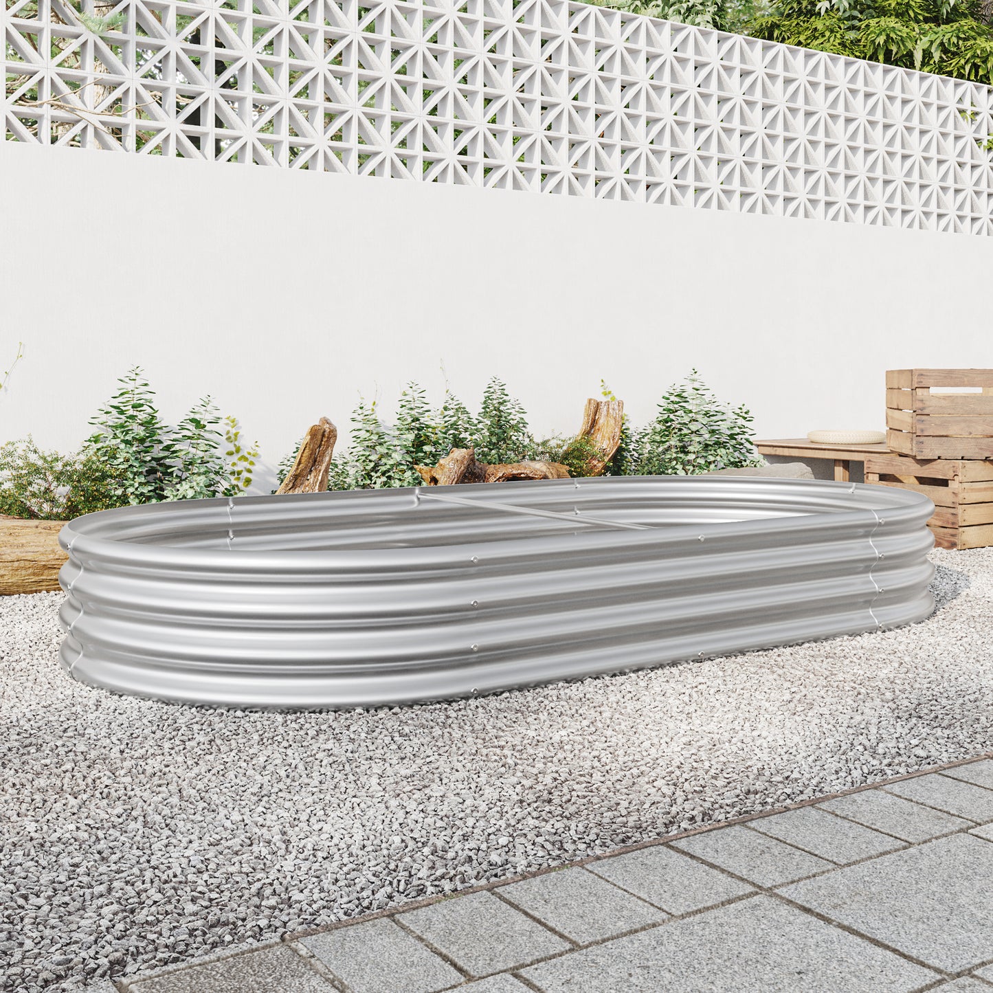 Oval Shaped Metal Raised Garden Bed Herbs and Vegetable Planter- Silver_8