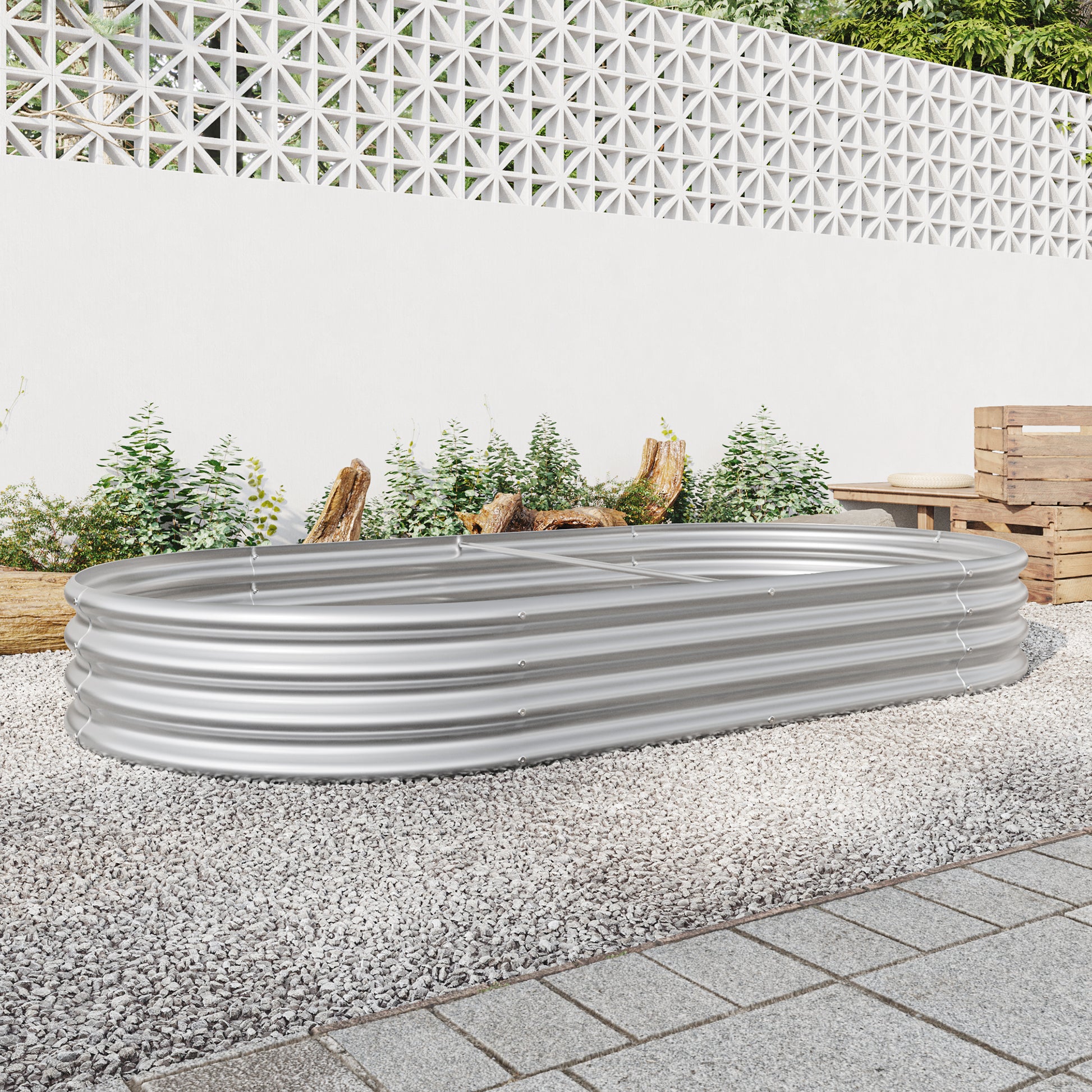 Oval Shaped Metal Raised Garden Bed Herbs and Vegetable Planter- Silver_8