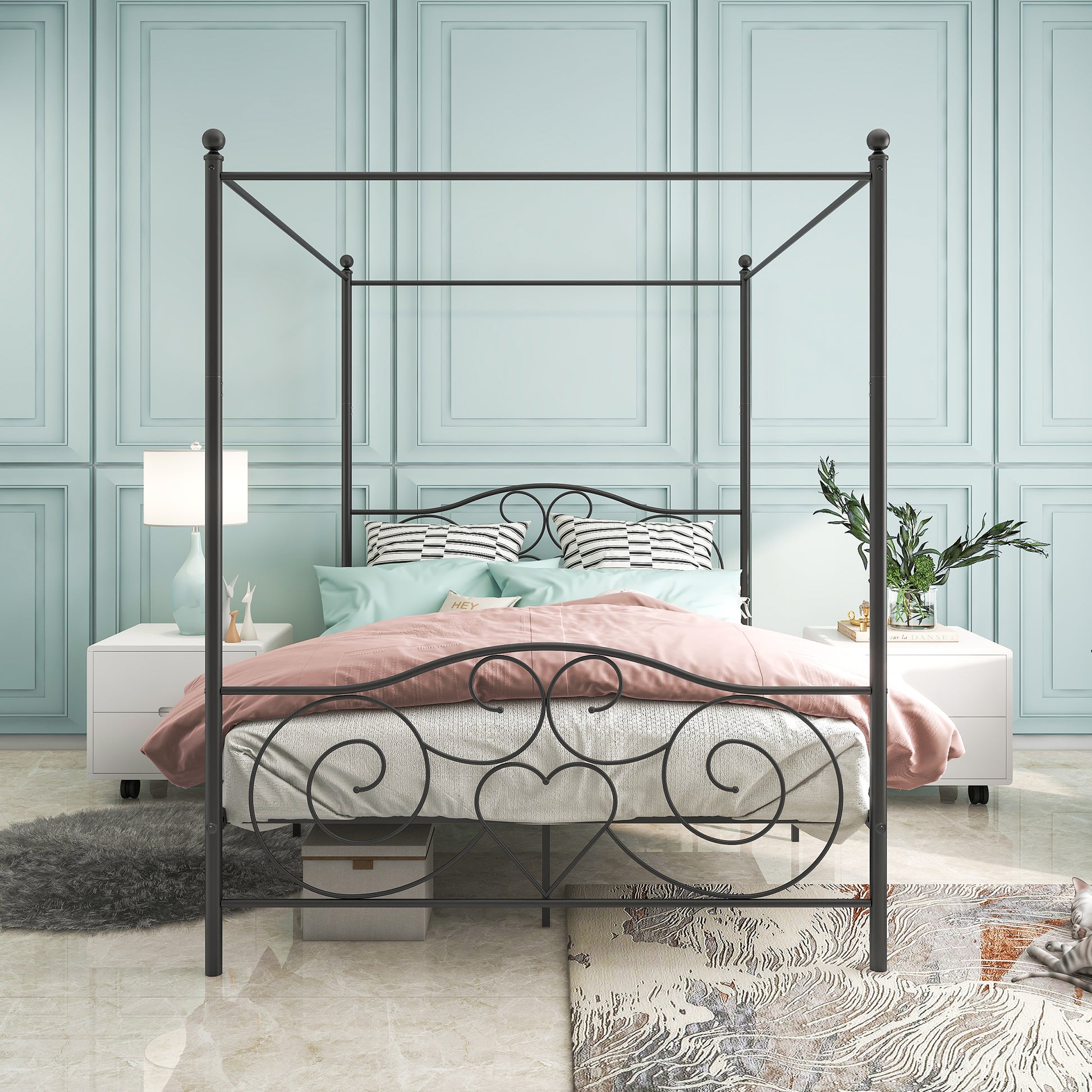 Vintage Queen-Sized Canopy Style Bedframe with Rustic Head and Foot Board_1
