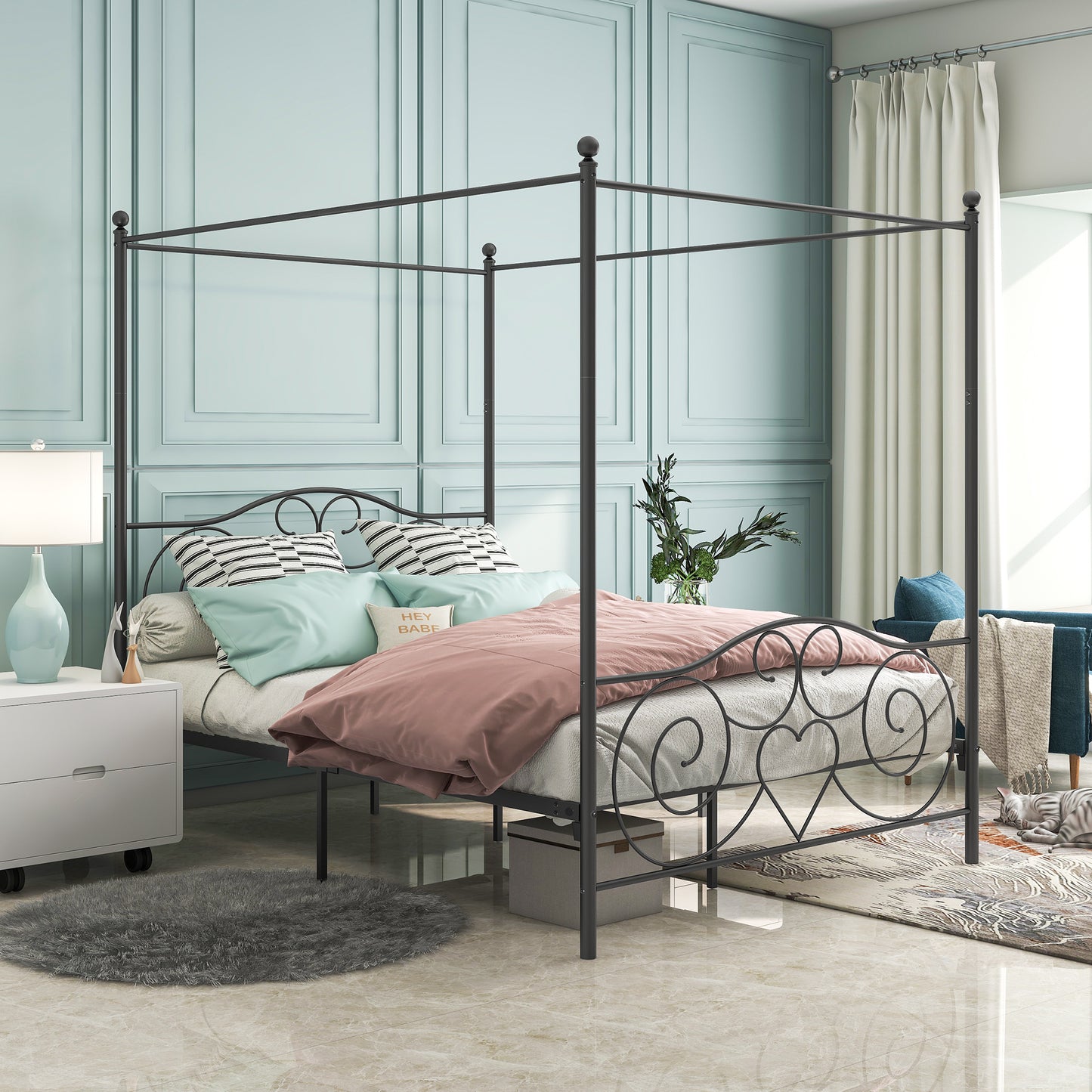 Vintage Queen-Sized Canopy Style Bedframe with Rustic Head and Foot Board_0
