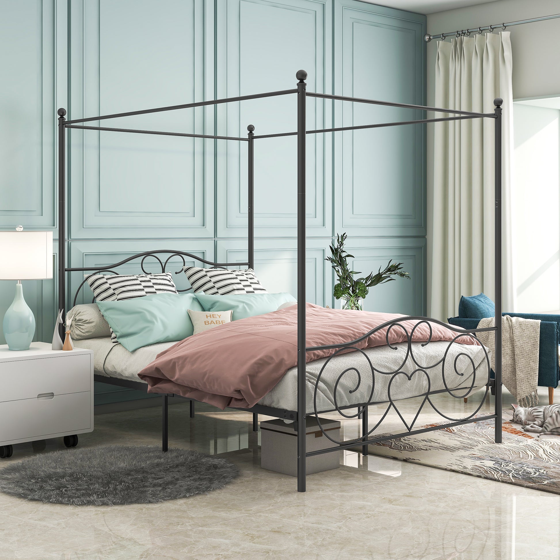 Vintage Queen-Sized Canopy Style Bedframe with Rustic Head and Foot Board_0