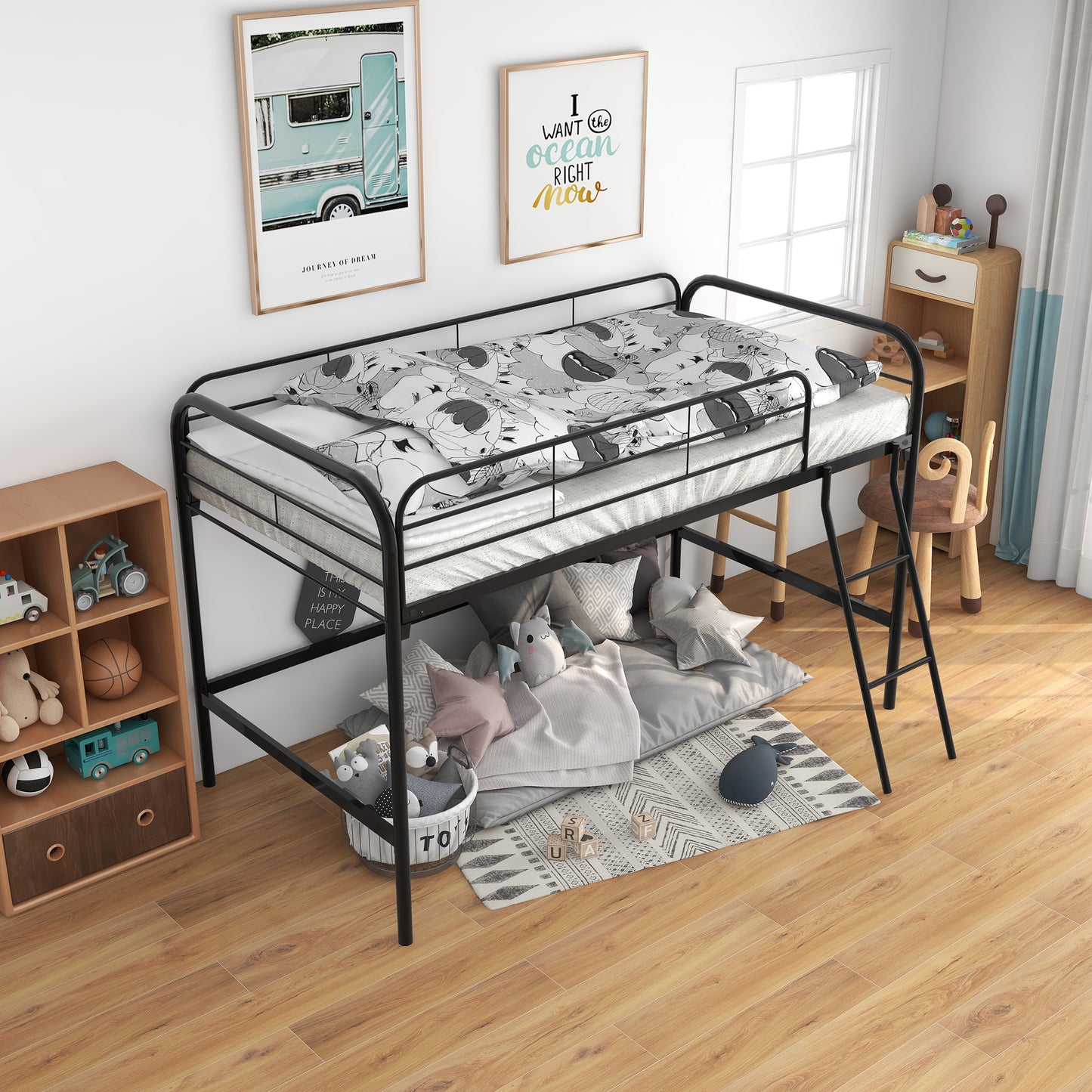 Twin-Sized Full Metal High Loft Style Bedframe with Ladder and Guard Rails_1