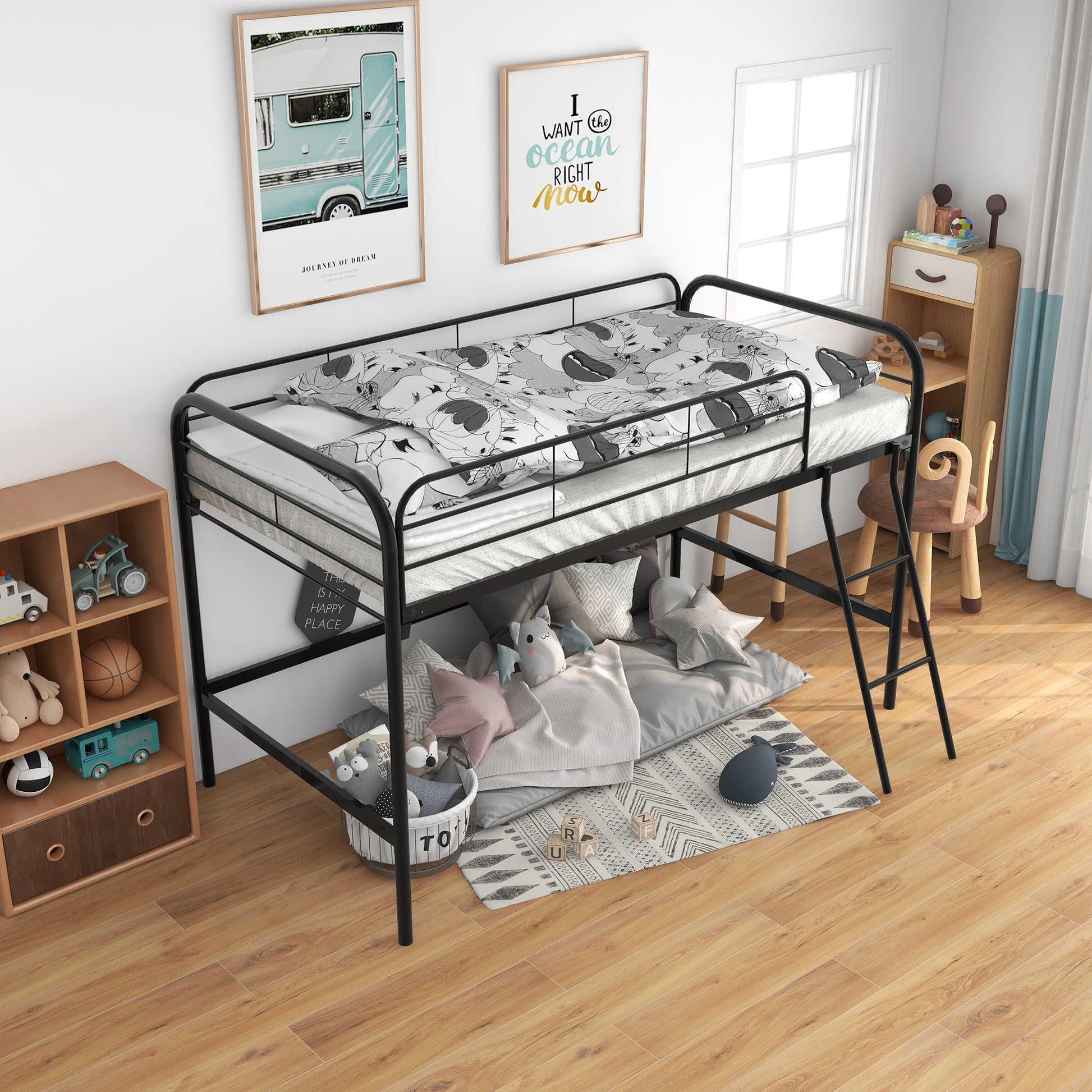 Twin-Sized Full Metal High Loft Style Bedframe with Ladder and Guard Rails_1