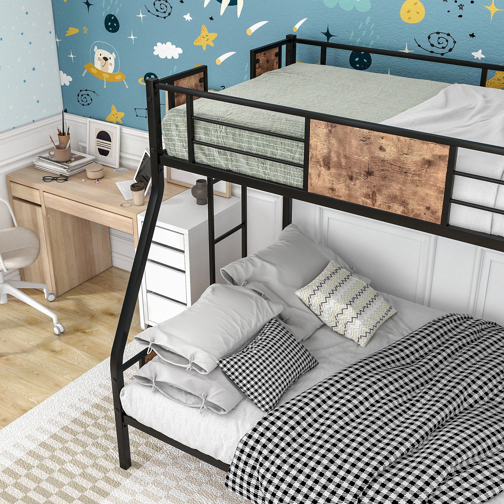 Space Saving Easy Assembly Twin Sized Metal Bunk Bedframe with Ladder and Rail_3