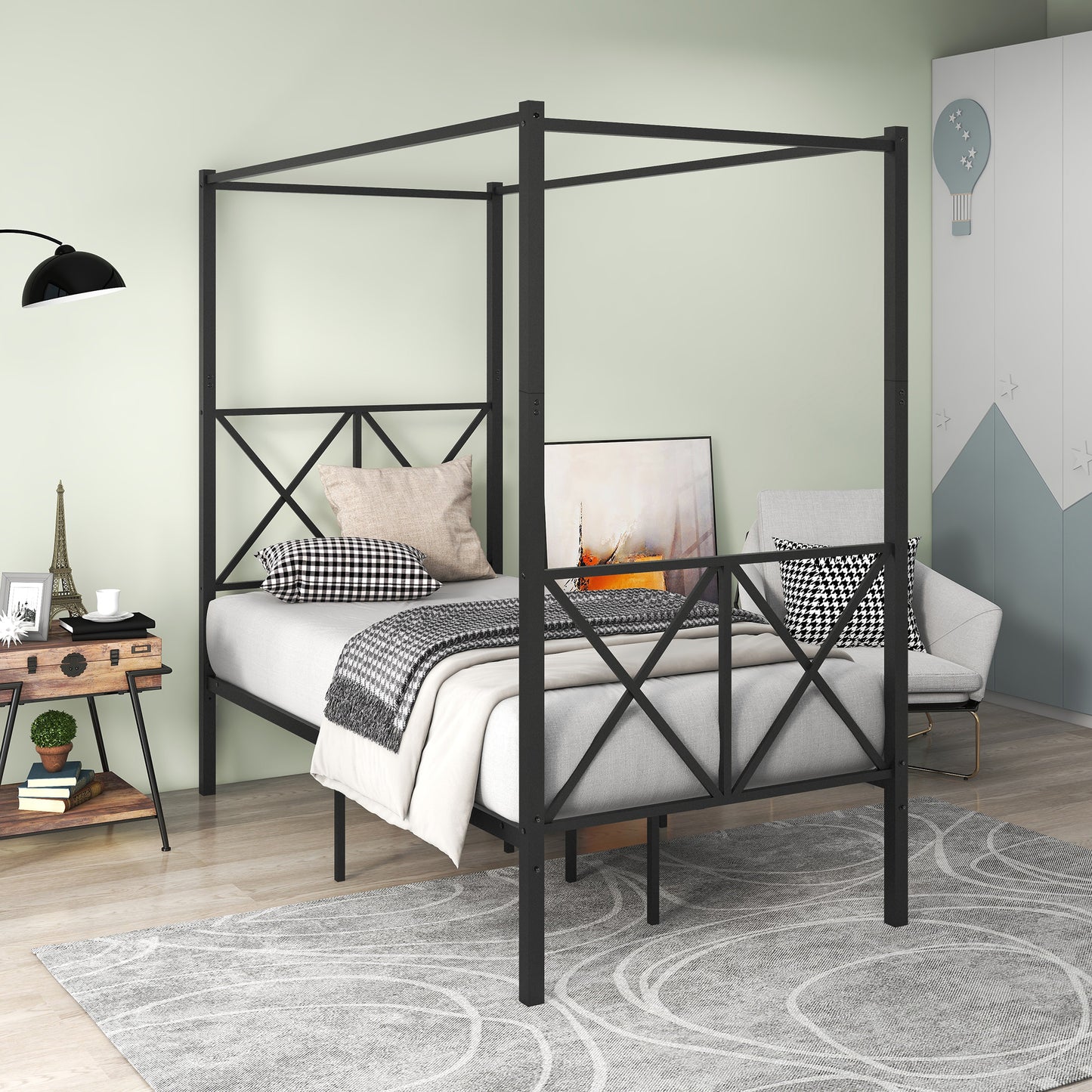 X Shaped Twin-Sized Full Metal Canopy Style Platform Bed Frame- Black_1