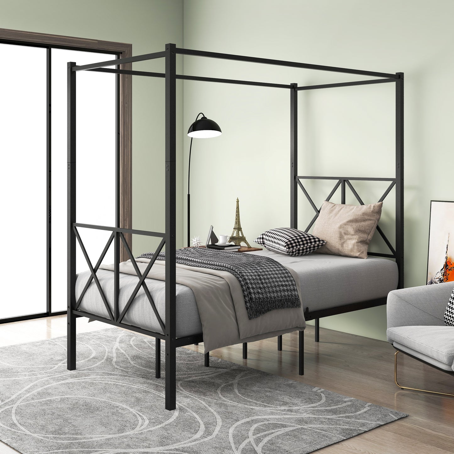 X Shaped Twin-Sized Full Metal Canopy Style Platform Bed Frame- Black_2