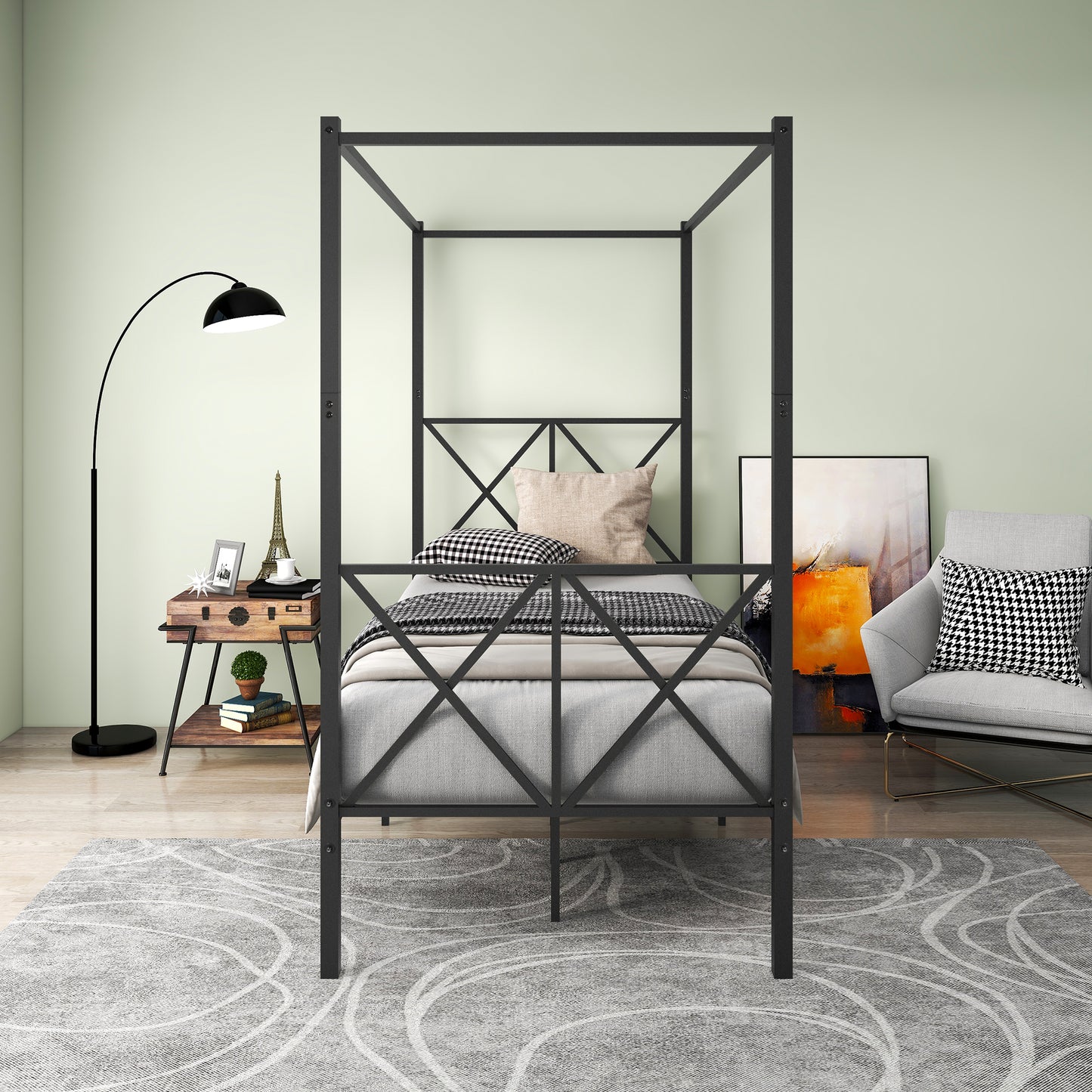 X Shaped Twin-Sized Full Metal Canopy Style Platform Bed Frame- Black_0