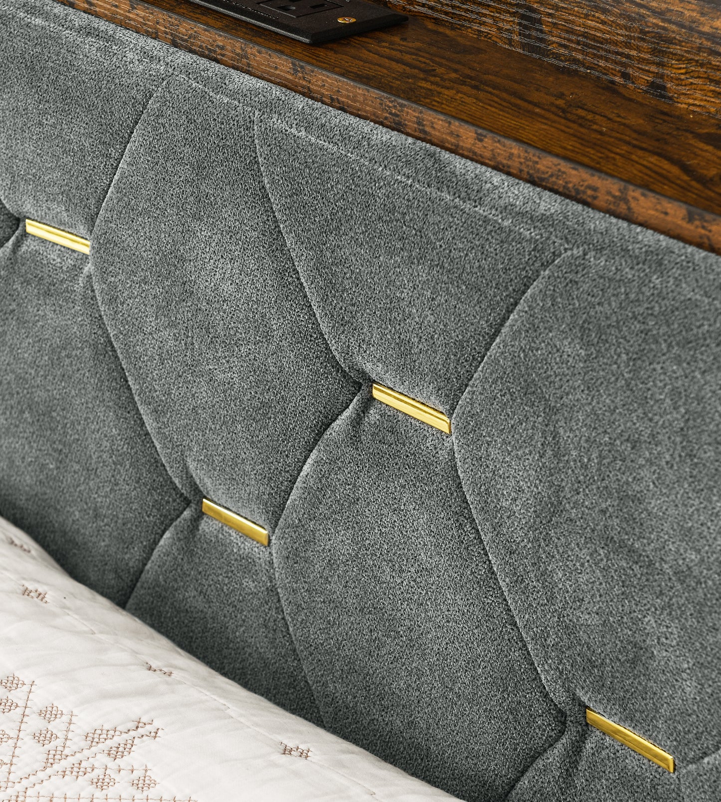 Full-Sized Heavy-Duty Platform Bedframe with Upholstered Headboard- Grey_5