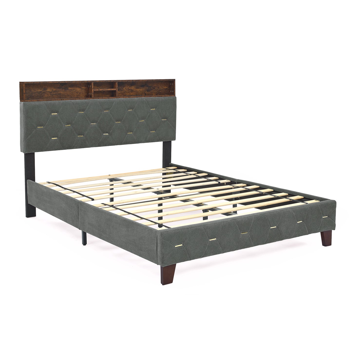 Full-Sized Heavy-Duty Platform Bedframe with Upholstered Headboard- Grey_8