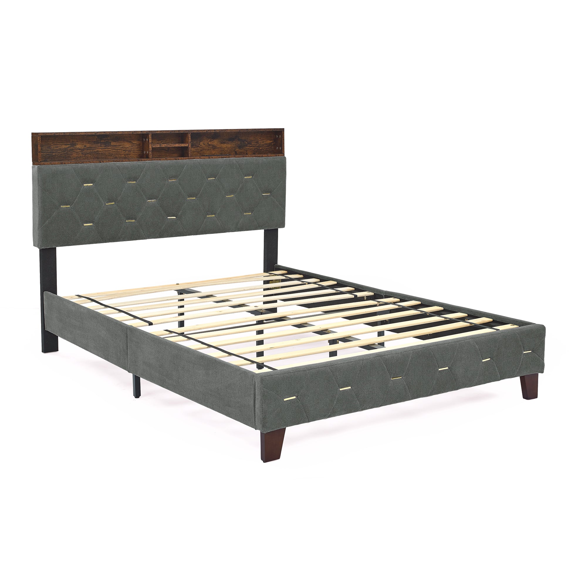 Full-Sized Heavy-Duty Platform Bedframe with Upholstered Headboard- Grey_8