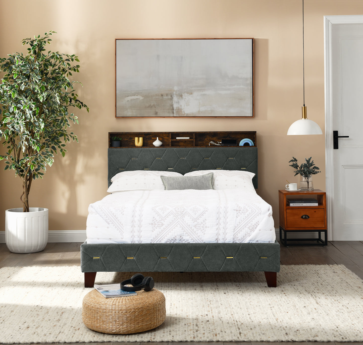 Full-Sized Heavy-Duty Platform Bedframe with Upholstered Headboard- Grey_2