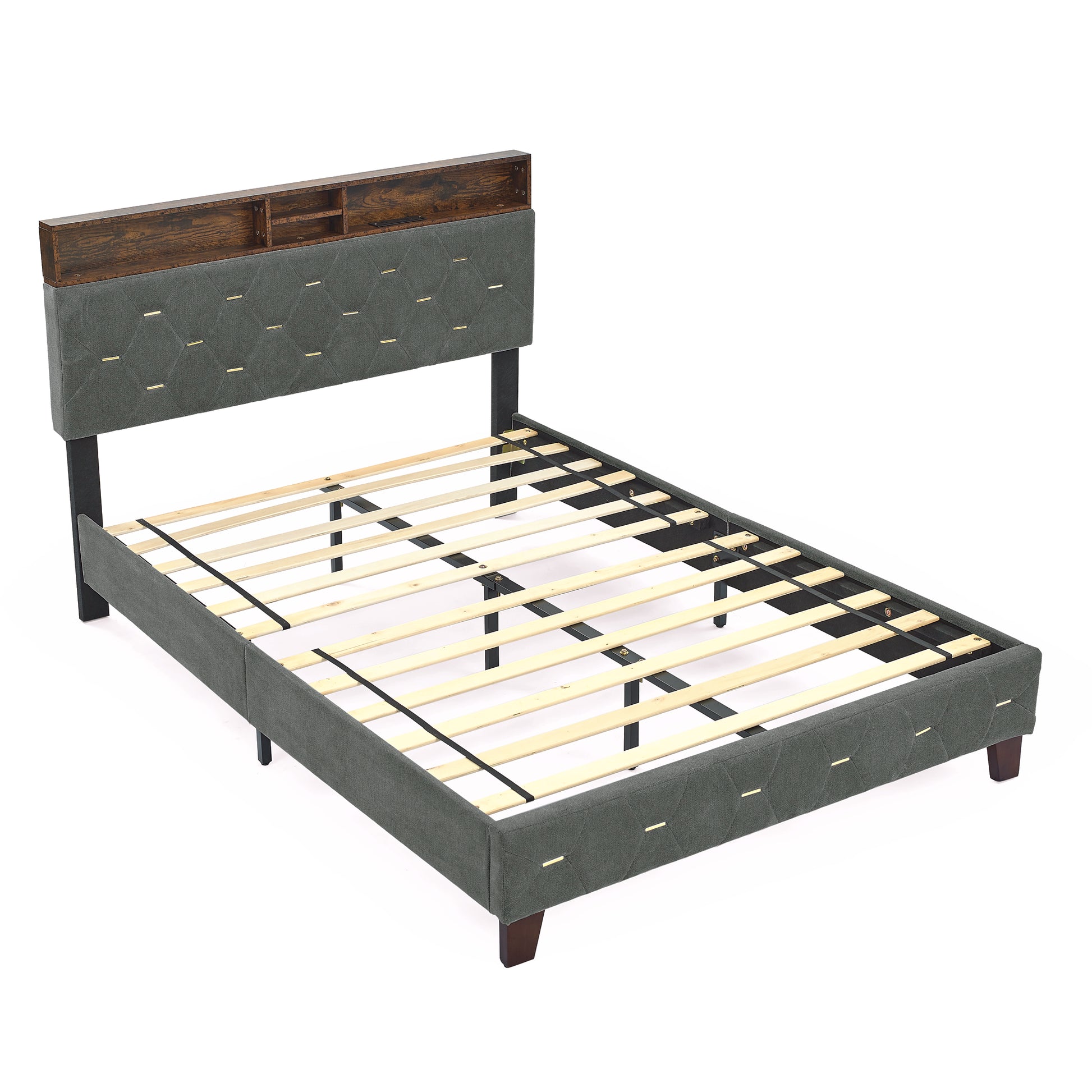 Full-Sized Heavy-Duty Platform Bedframe with Upholstered Headboard- Grey_7