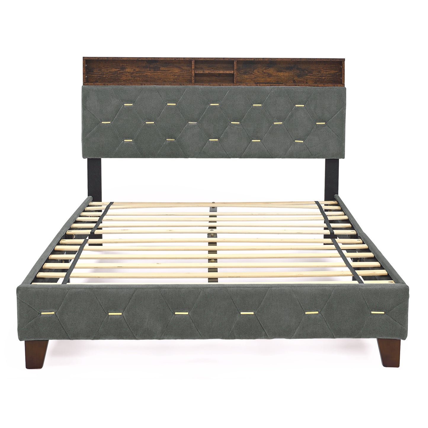 Full-Sized Heavy-Duty Platform Bedframe with Upholstered Headboard- Grey_9
