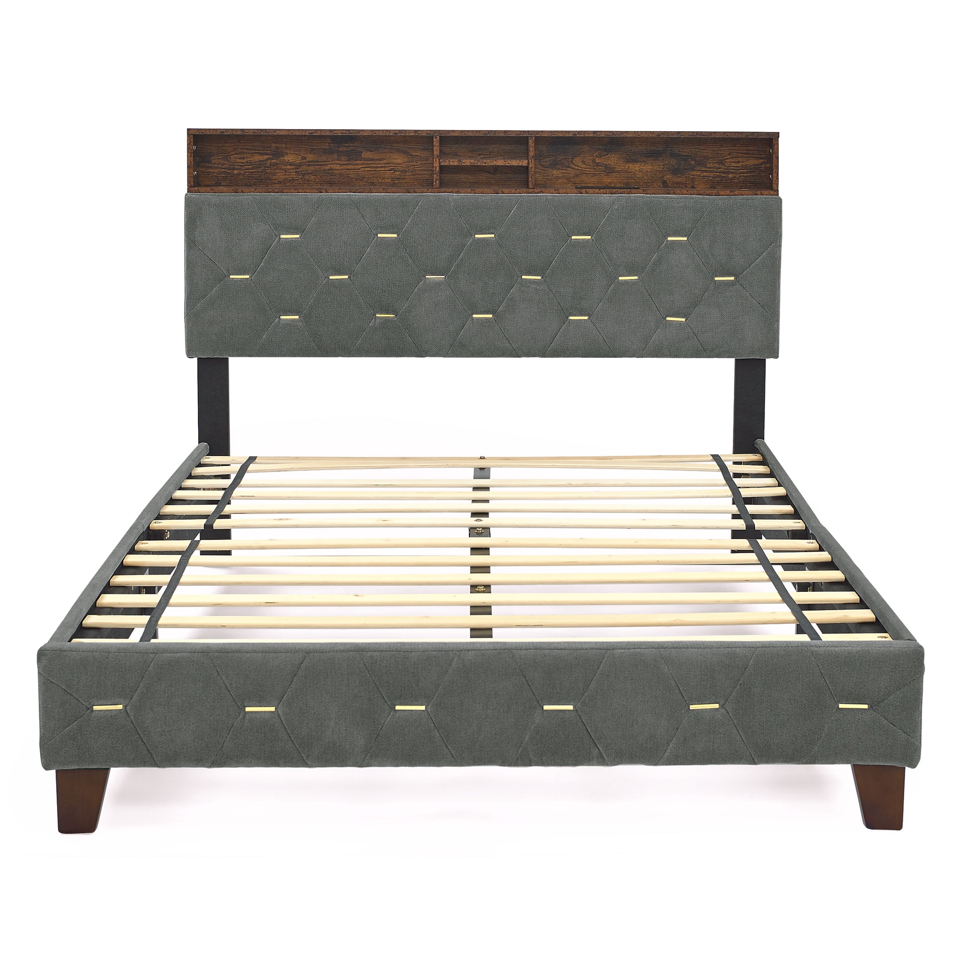 Full-Sized Heavy-Duty Platform Bedframe with Upholstered Headboard- Grey_9