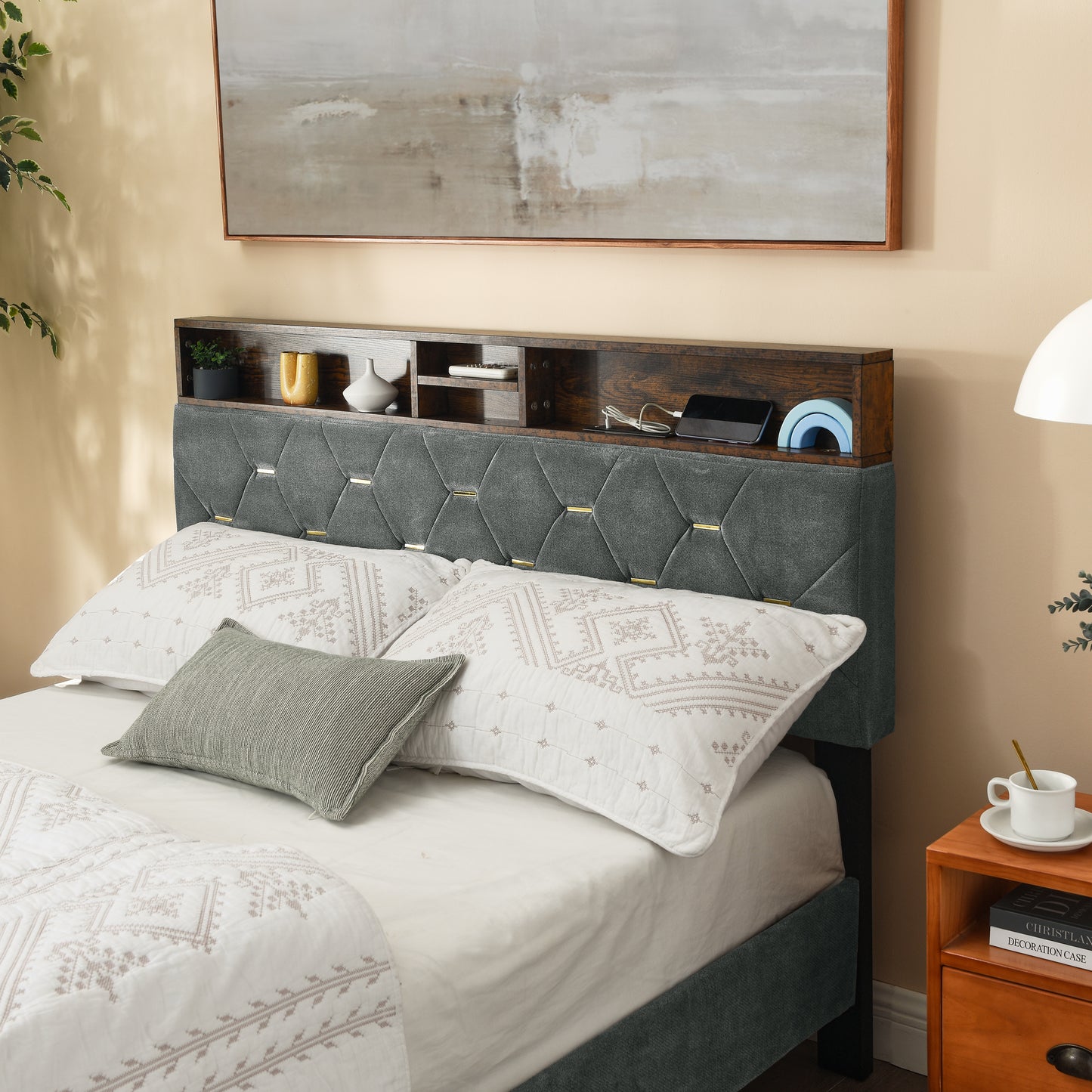 Full-Sized Heavy-Duty Platform Bedframe with Upholstered Headboard- Grey_3