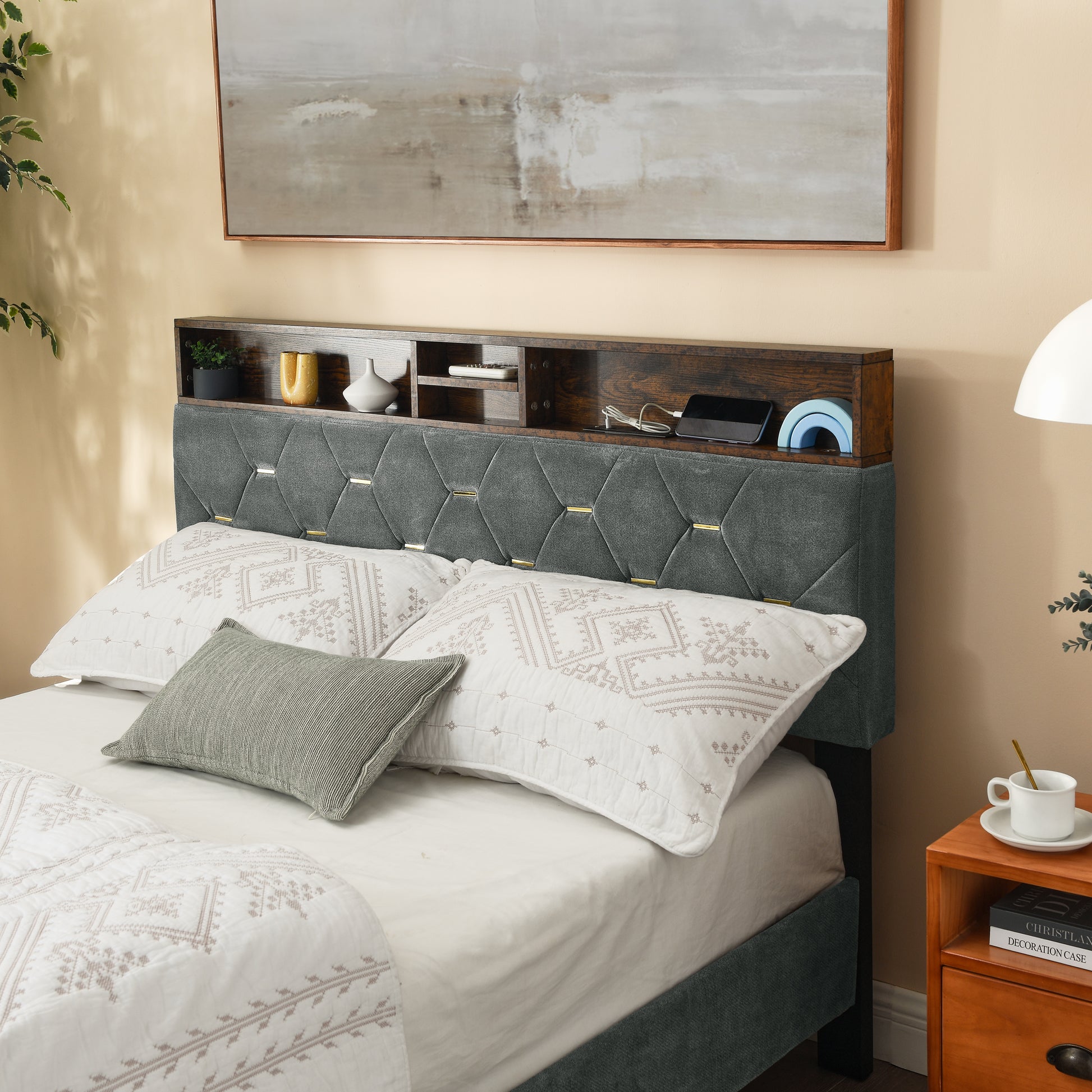 Full-Sized Heavy-Duty Platform Bedframe with Upholstered Headboard- Grey_3