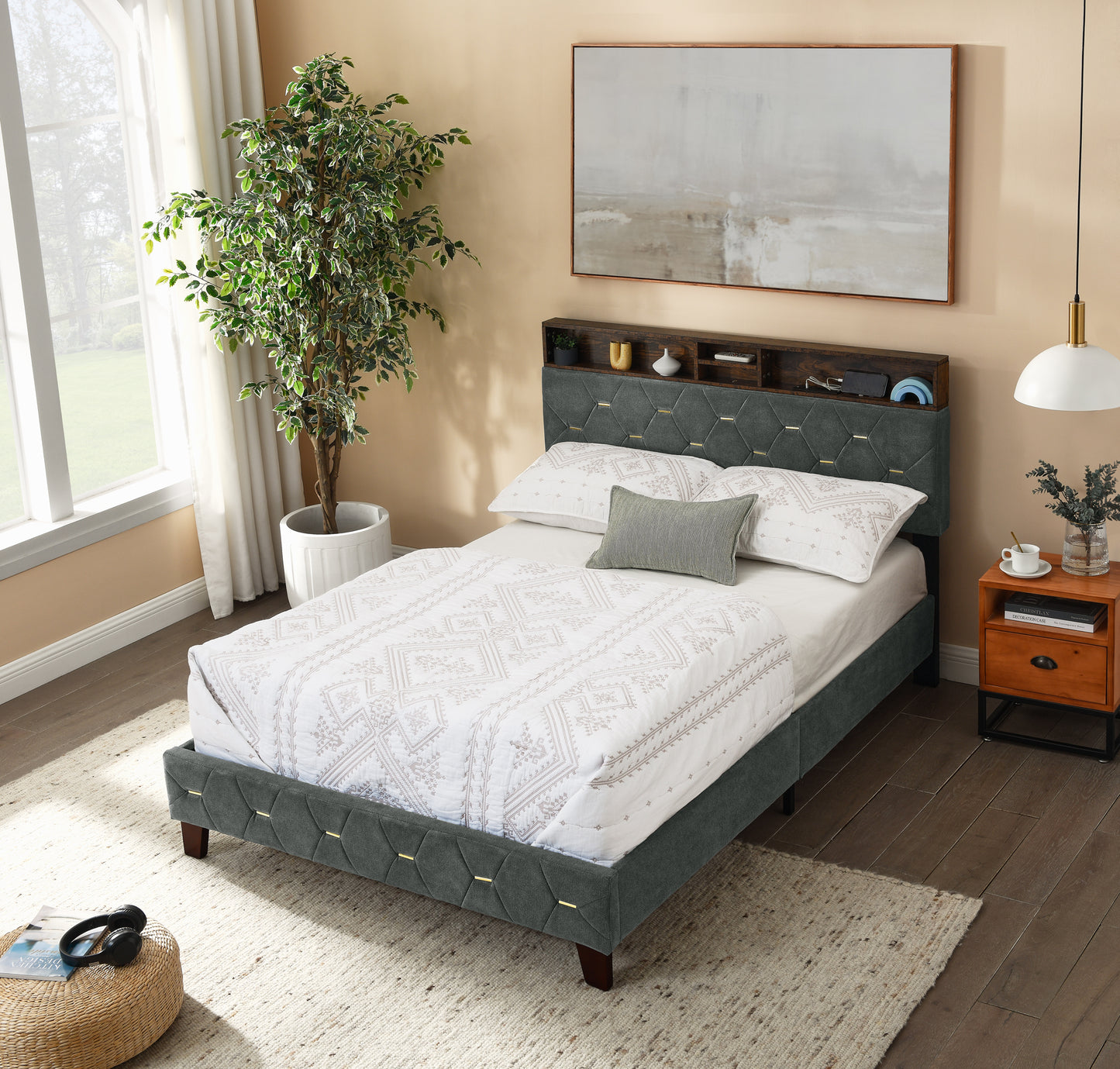 Full-Sized Heavy-Duty Platform Bedframe with Upholstered Headboard- Grey_1