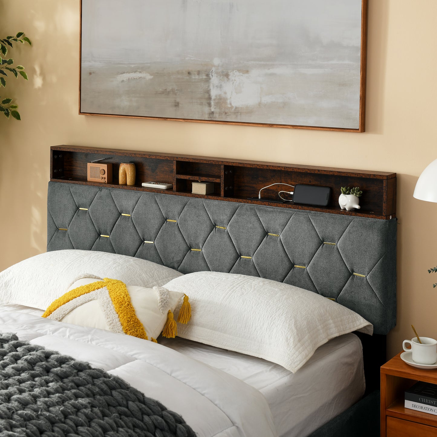 12 Slats Queen-Sized Heavy-Duty Platform Bedframe with Upholstered Headboard- Grey_3