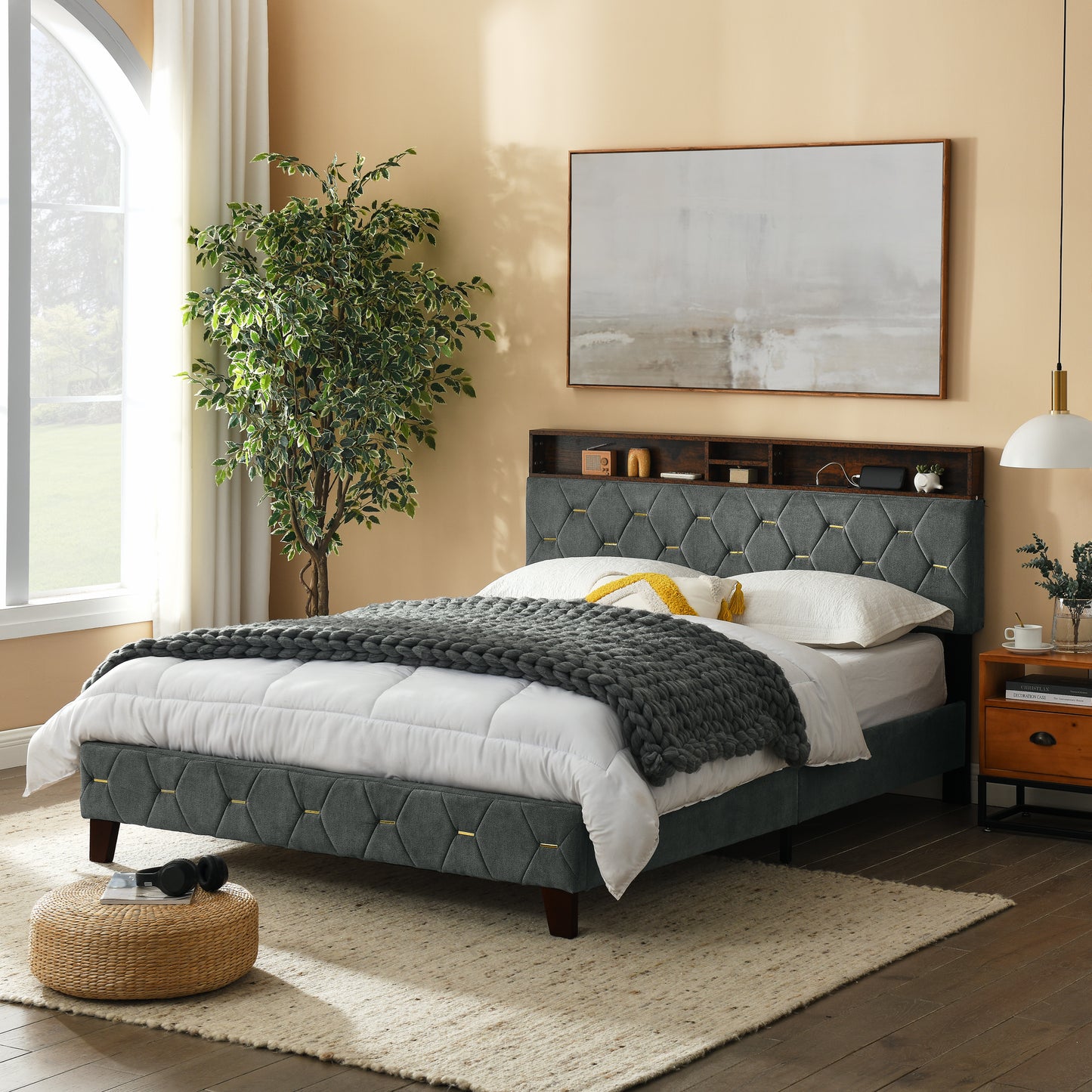 12 Slats Queen-Sized Heavy-Duty Platform Bedframe with Upholstered Headboard- Grey_1