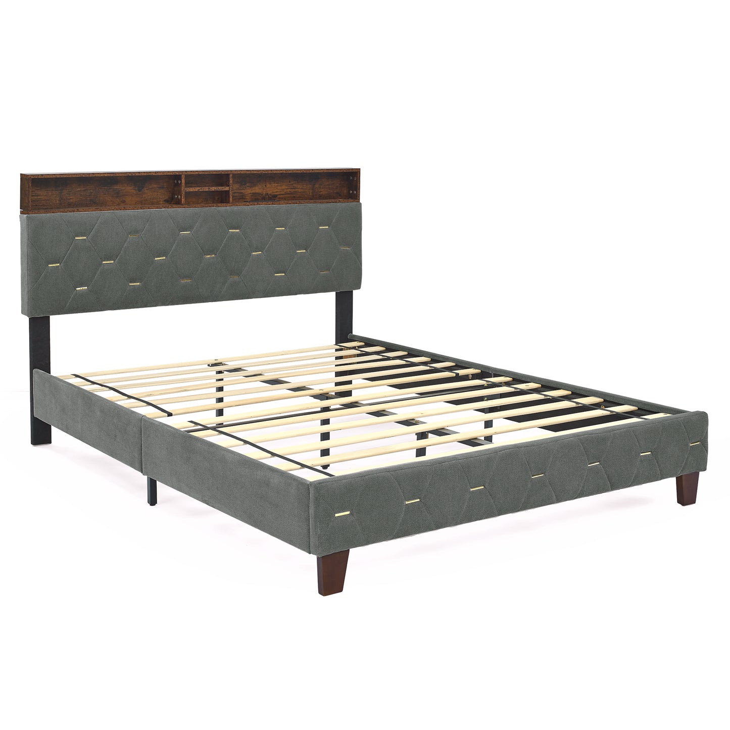 12 Slats Queen-Sized Heavy-Duty Platform Bedframe with Upholstered Headboard- Grey_6