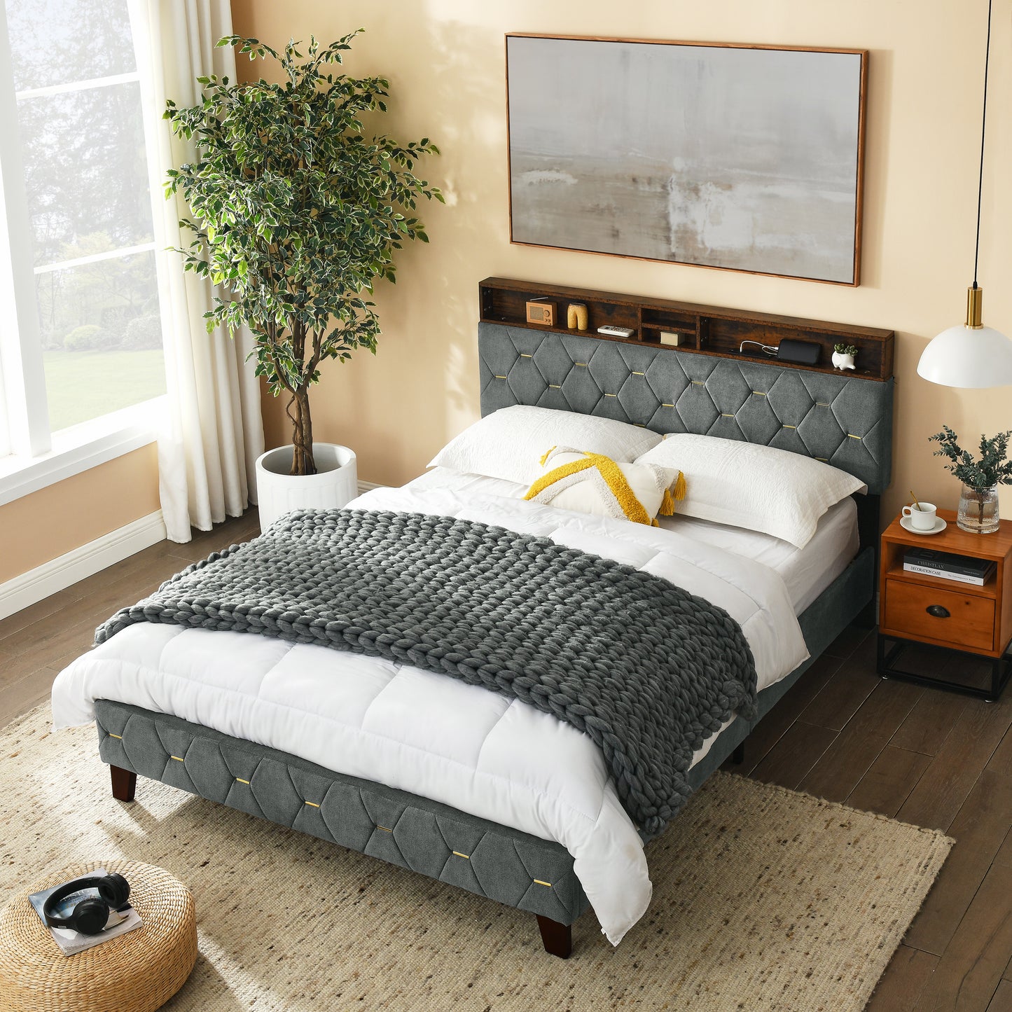 12 Slats Queen-Sized Heavy-Duty Platform Bedframe with Upholstered Headboard- Grey_2