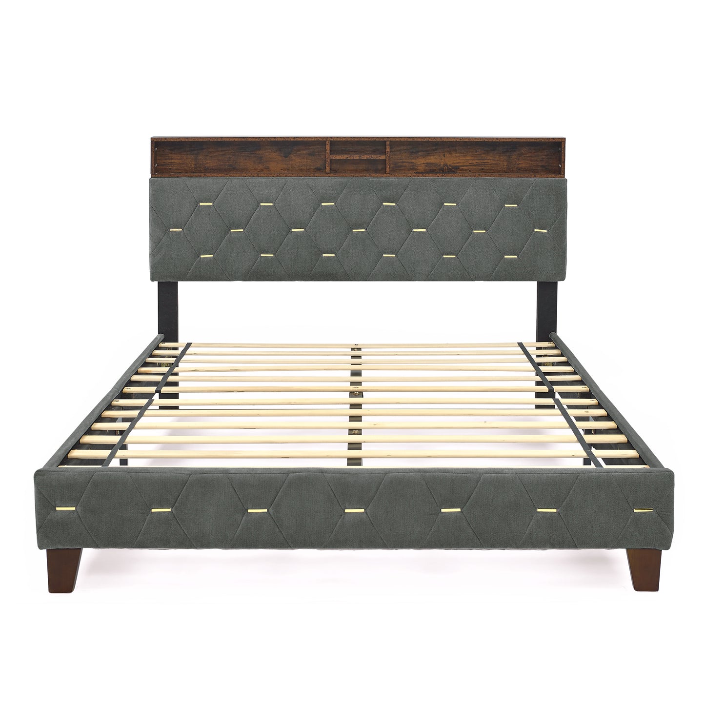 12 Slats Queen-Sized Heavy-Duty Platform Bedframe with Upholstered Headboard- Grey_5