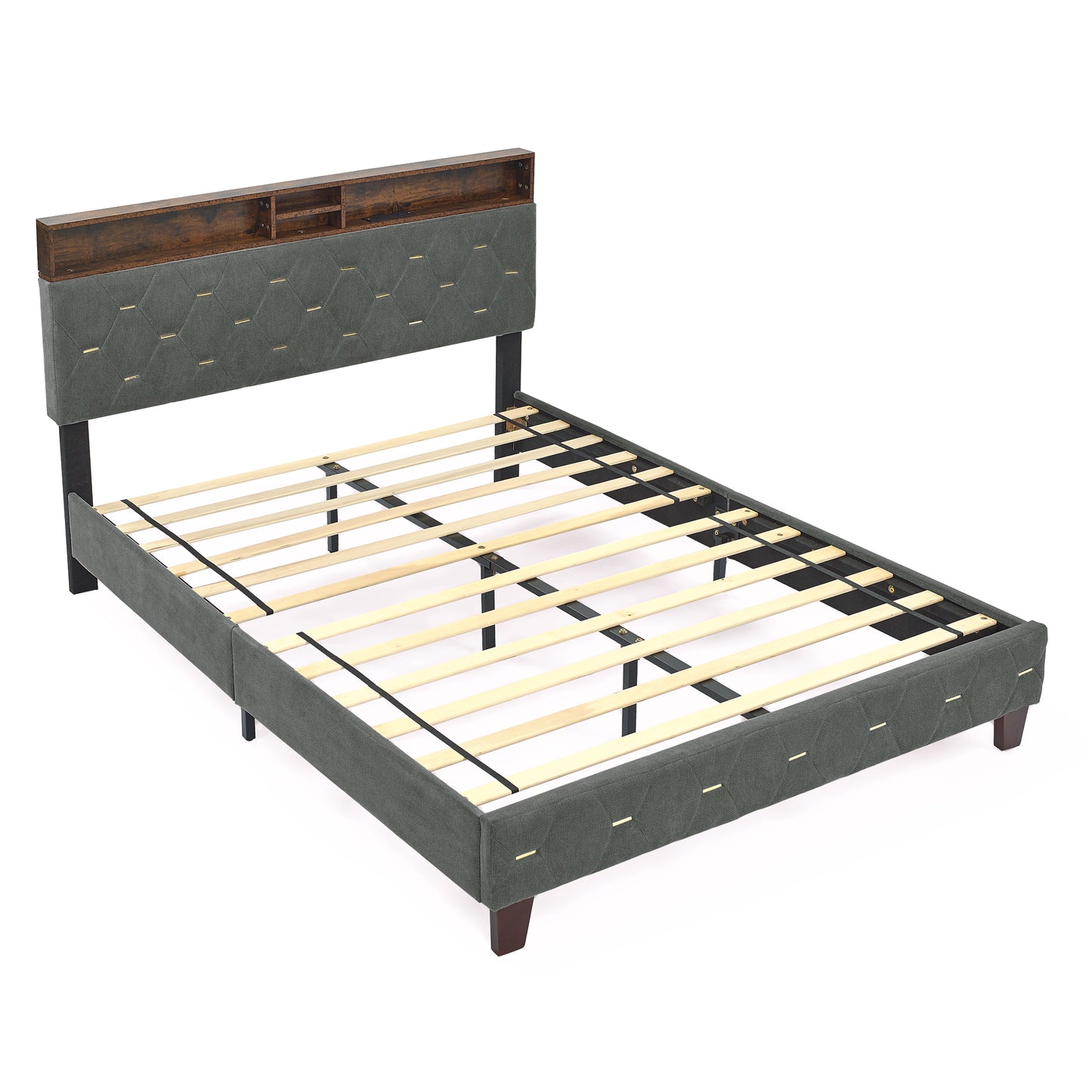12 Slats Queen-Sized Heavy-Duty Platform Bedframe with Upholstered Headboard- Grey_4
