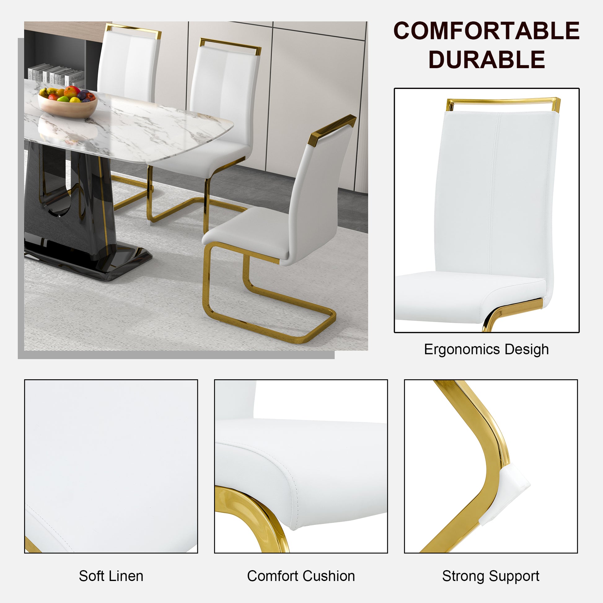 Rectangular Marble Designed Table and Gold Plated Dining Chair Set- 4 Seater_9