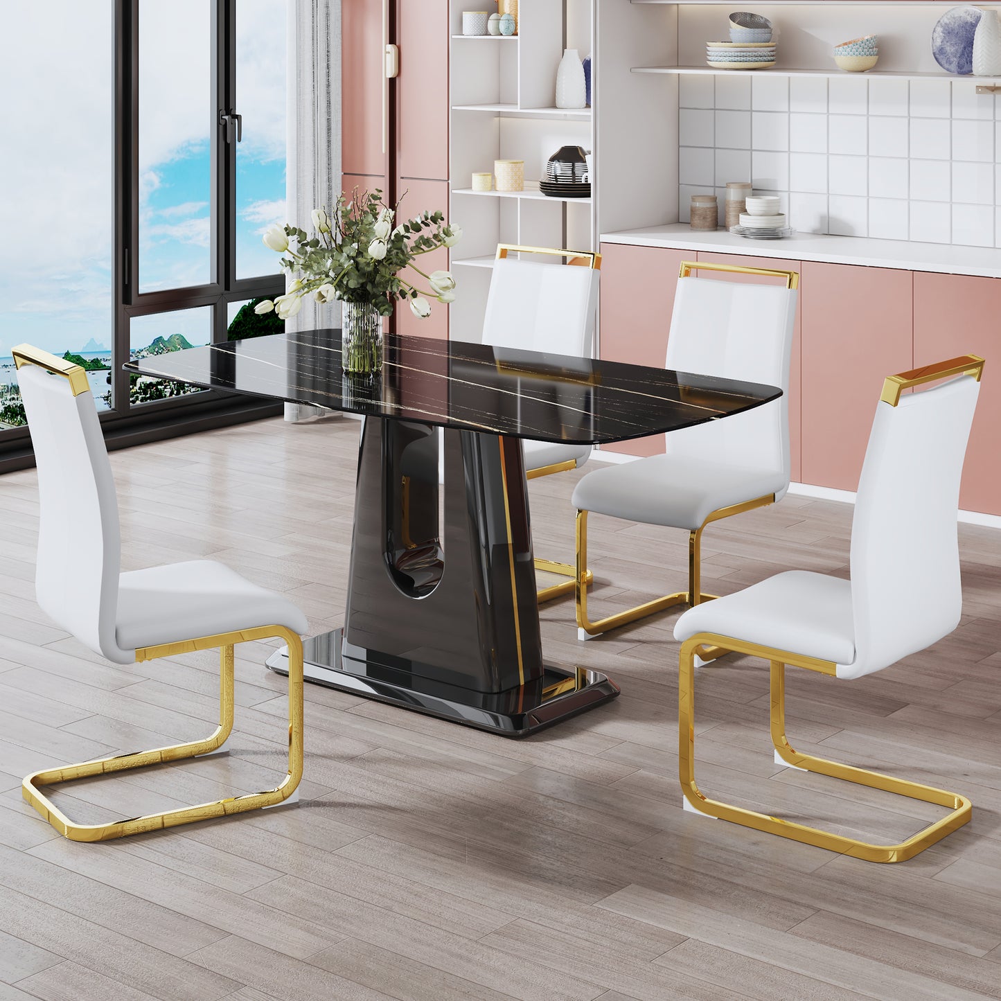 Rectangular Marble Designed Table and Gold Plated Dining Chair Set- 4 Seater_2