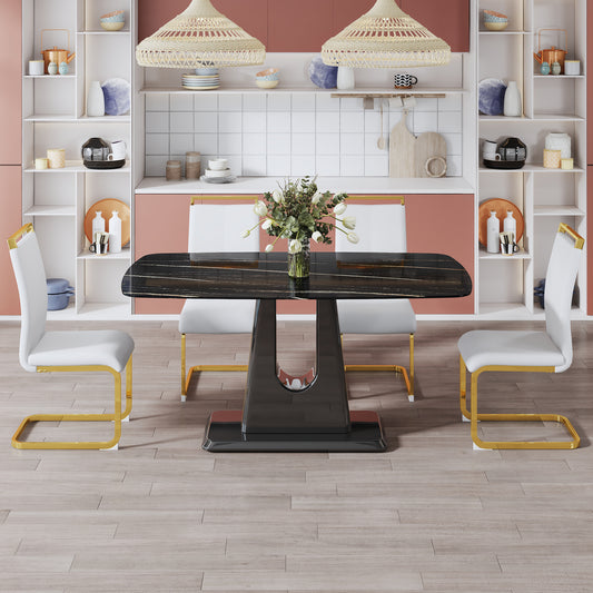 Rectangular Marble Designed Table and Gold Plated Dining Chair Set- 4 Seater_0