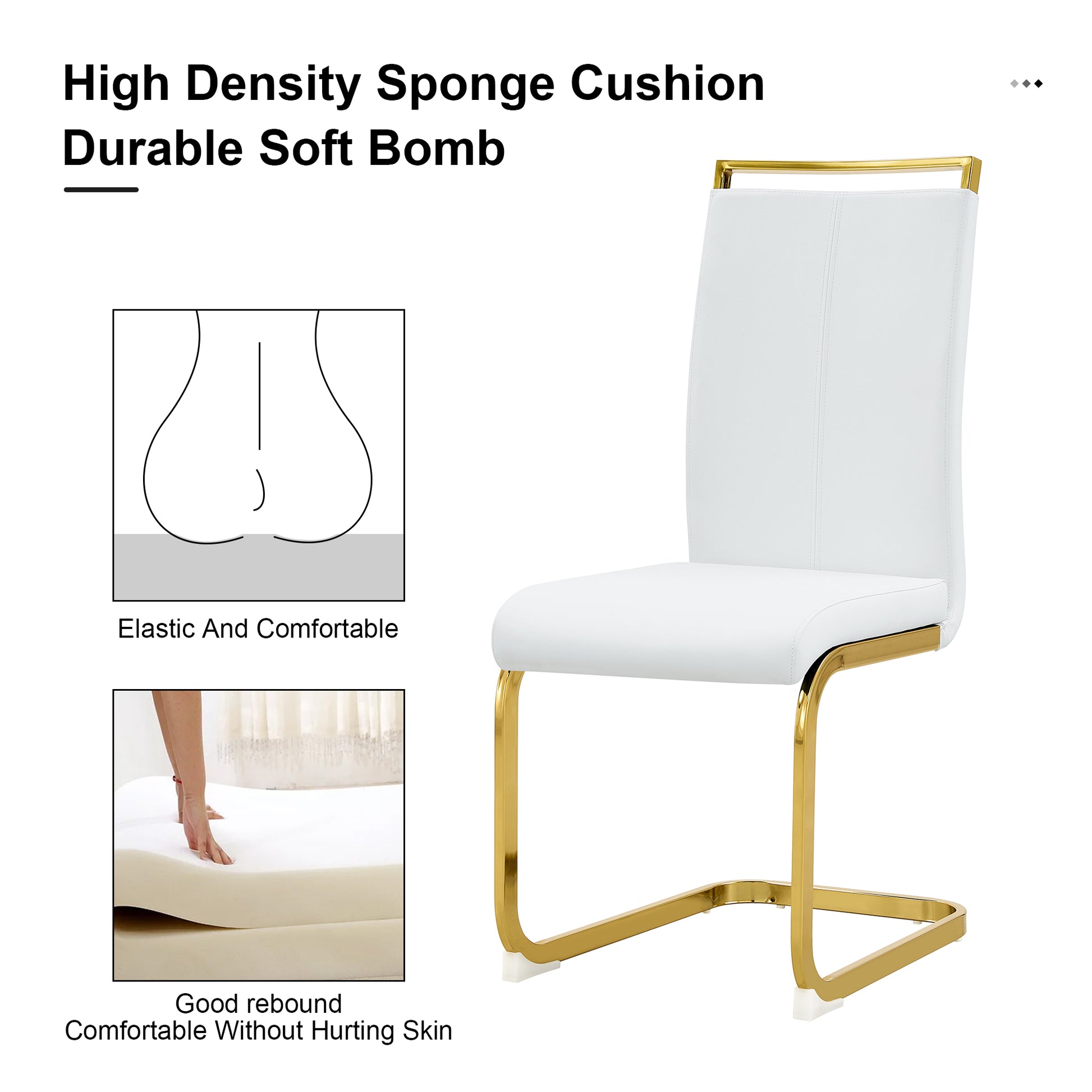 Rectangular Marble Designed Table and Gold Plated White Dining Chair Set- 4 Seater_12