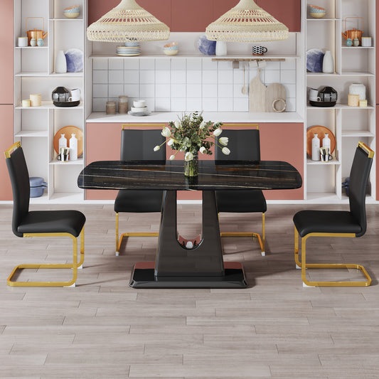 Rectangular Marble Designed Table and Gold Plated Dining Chair Set- 4 Seater, Black_0