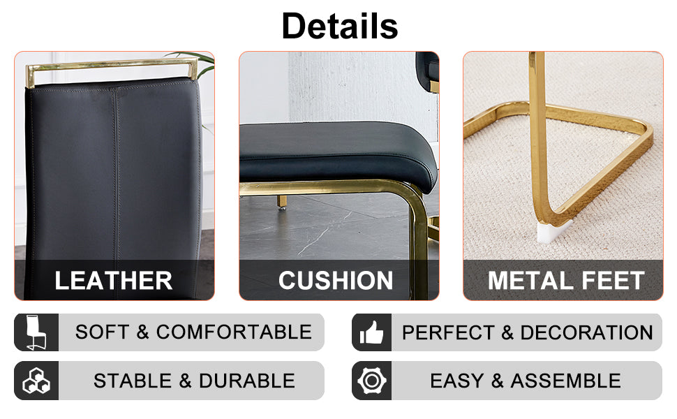 Rectangular Marble Designed Table and Gold Plated Dining Chair Set- 4 Seater, White+Black_14