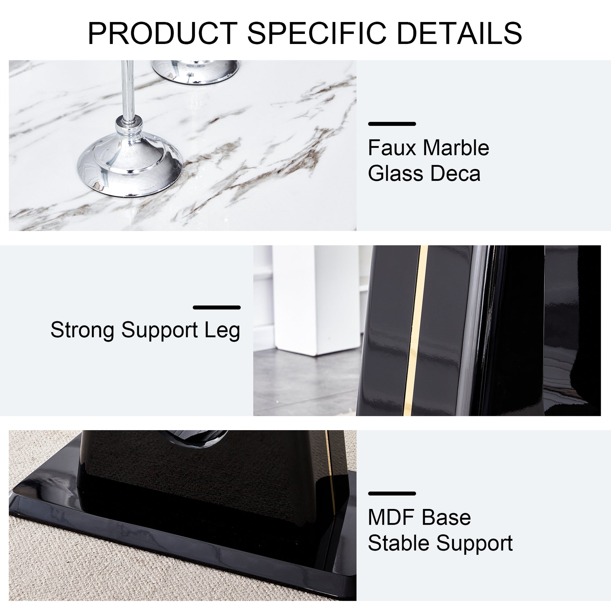 Rectangular Marble Designed Table and Gold Plated Dining Chair Set- 4 Seater, White+Black_8