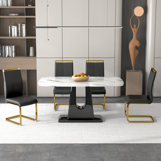 Rectangular Marble Designed Table and Gold Plated Dining Chair Set- 4 Seater, White+Black_0