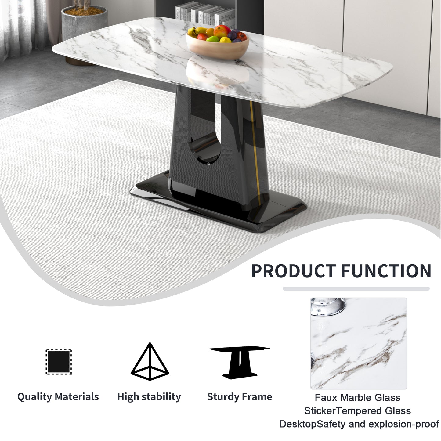 Rectangular Marble Designed Table and Gold Plated Dining Chair Set- 4 Seater, White+Black_9
