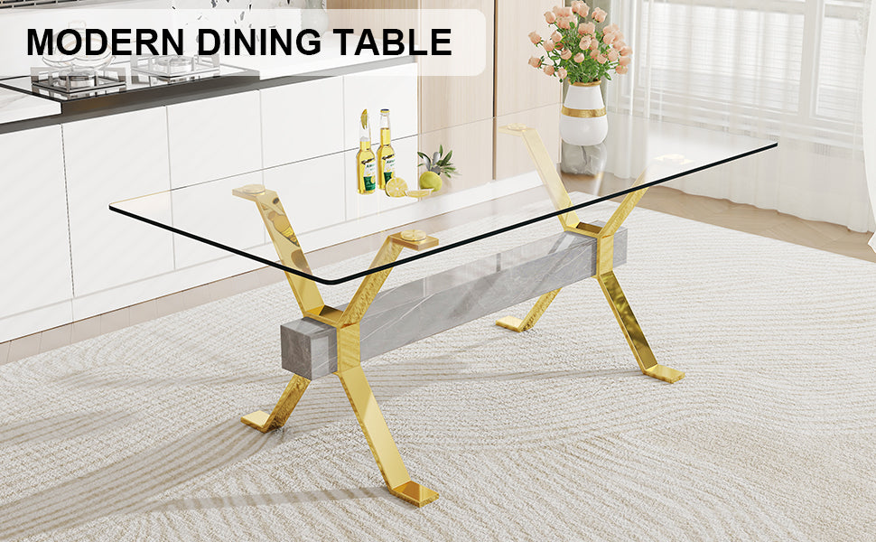 Luxury Tempered Glass Table and Gold Plated Dining Chair Set- 8 Seater, Black_14