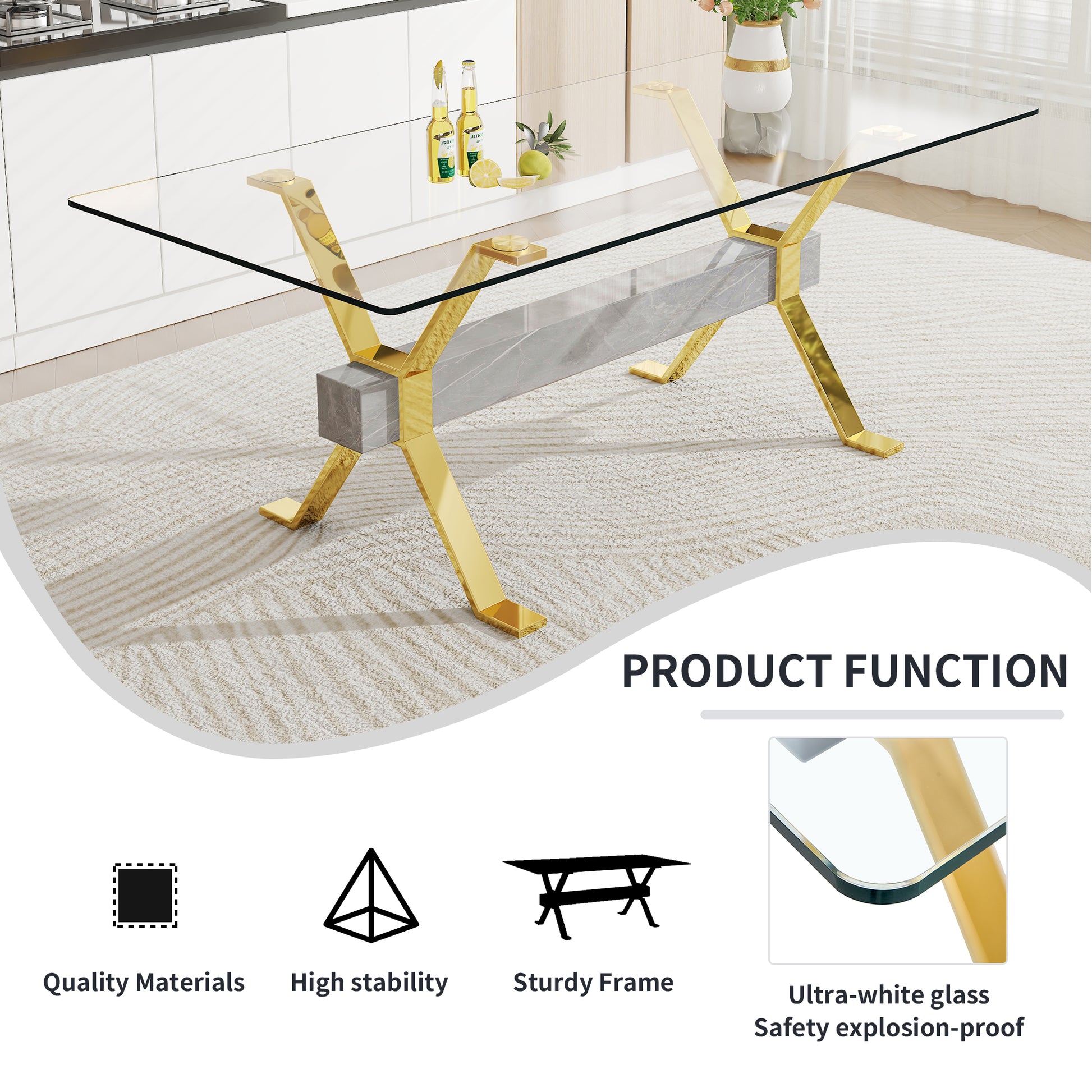 Luxury Tempered Glass Table and Gold Plated Dining Chair Set- 8 Seater, Black_4