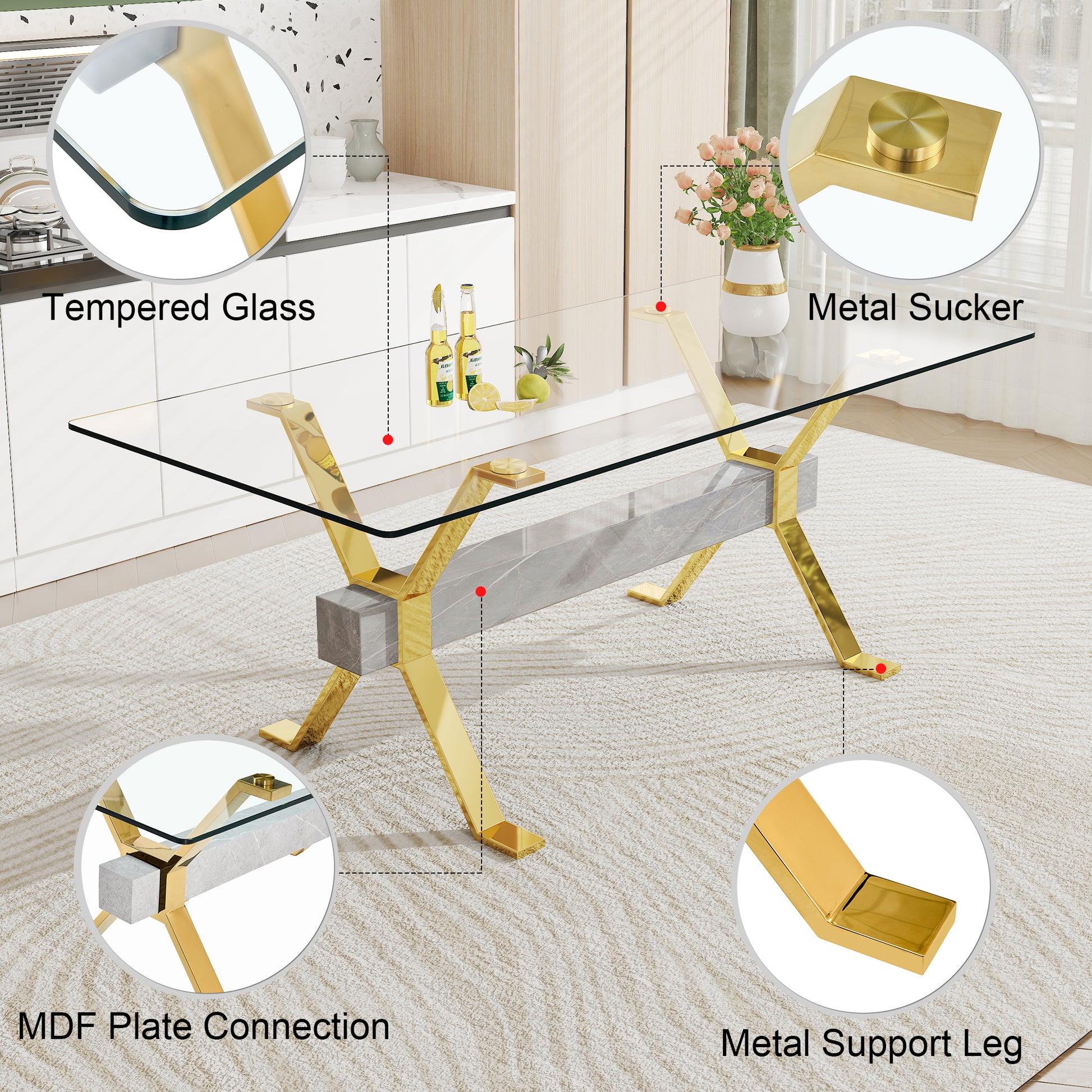 Luxury Tempered Glass Table and Gold Plated Dining Chair Set- 8 Seater, Black_3