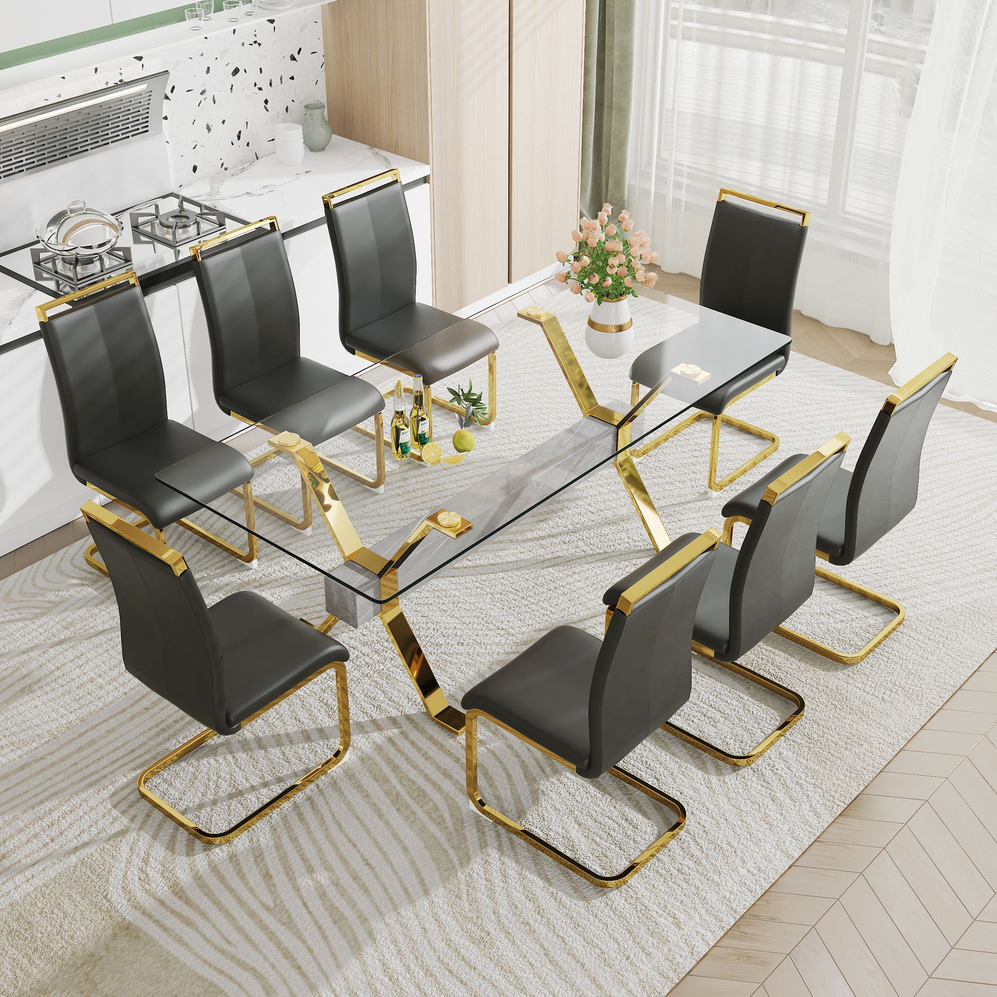 Luxury Tempered Glass Table and Gold Plated Dining Chair Set- 8 Seater, Black_0